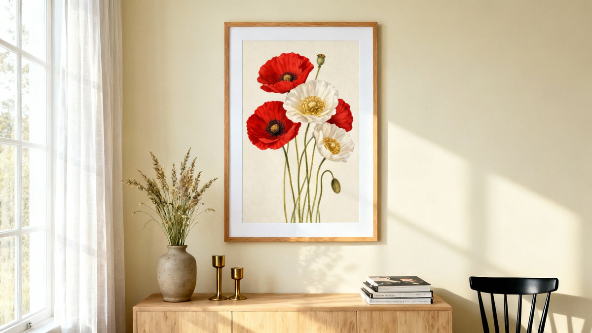 Framed poppy print wall art mockup showcasing vibrant colors and nature's beauty in home decor.