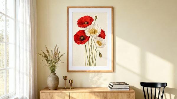 Framed poppy print wall art mockup showcasing vibrant colors and nature's beauty in home decor.