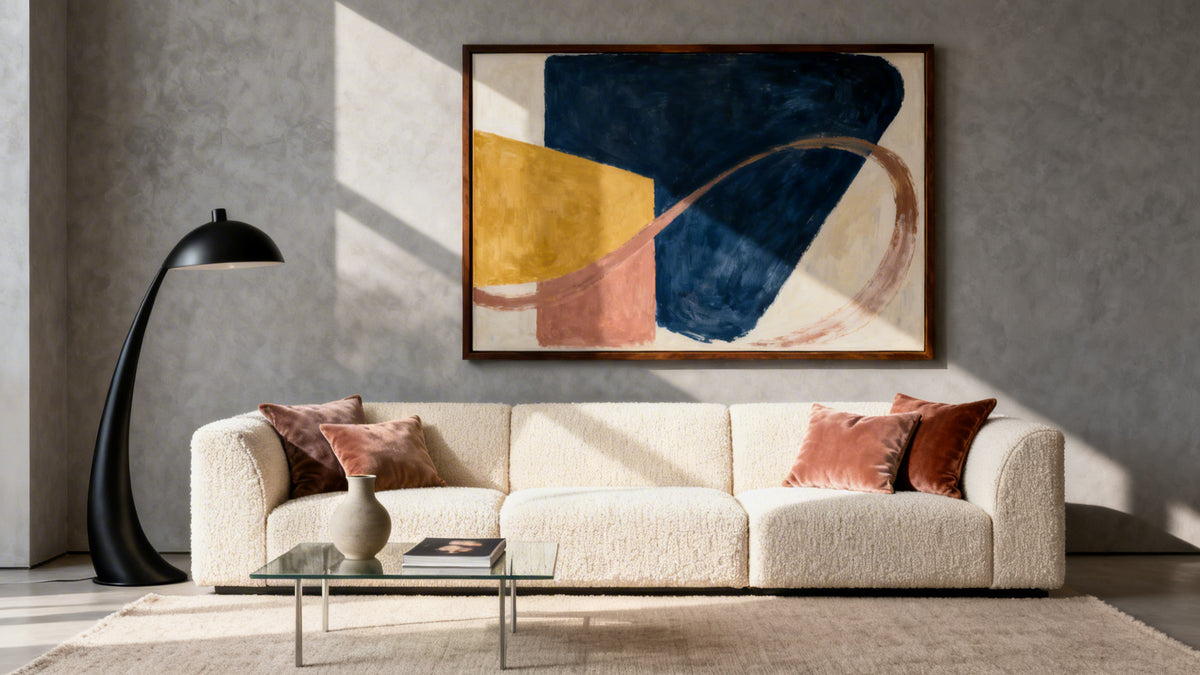 Framed abstract wall art mockup enhancing modern living room decor ideas for contemporary spaces.