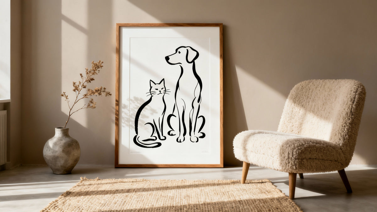 Framed cat and dog wall art mockup showcasing stylish pet-themed home decor.