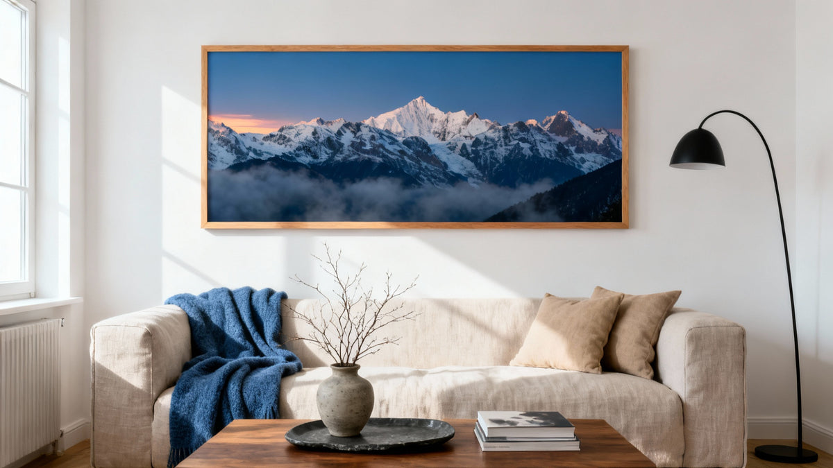 Framed wall art of mountains, perfect for inspiring decor in any home setting.
