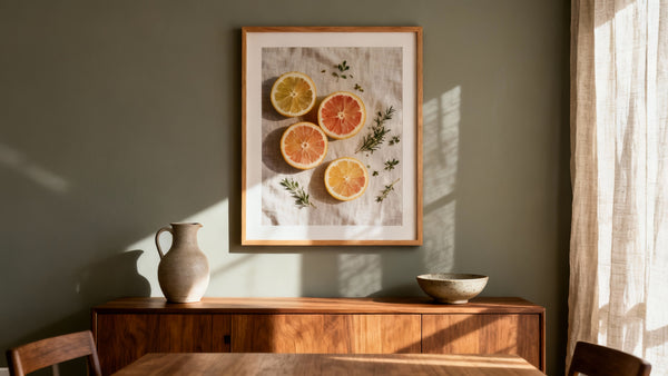 Framed food artwork mockup showcasing modern kitchen and dining room decor ideas.
