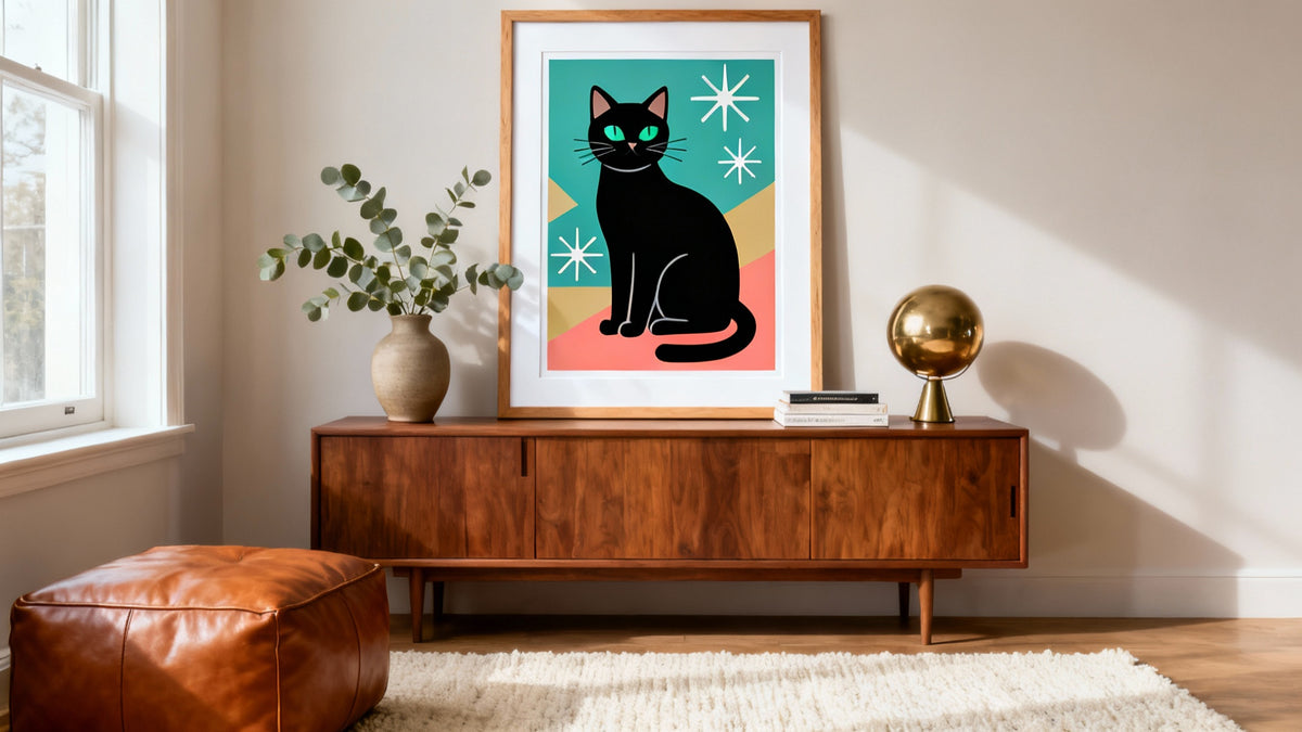Framed mid century cat art mockup showcasing stylish feline decor for cat lovers.