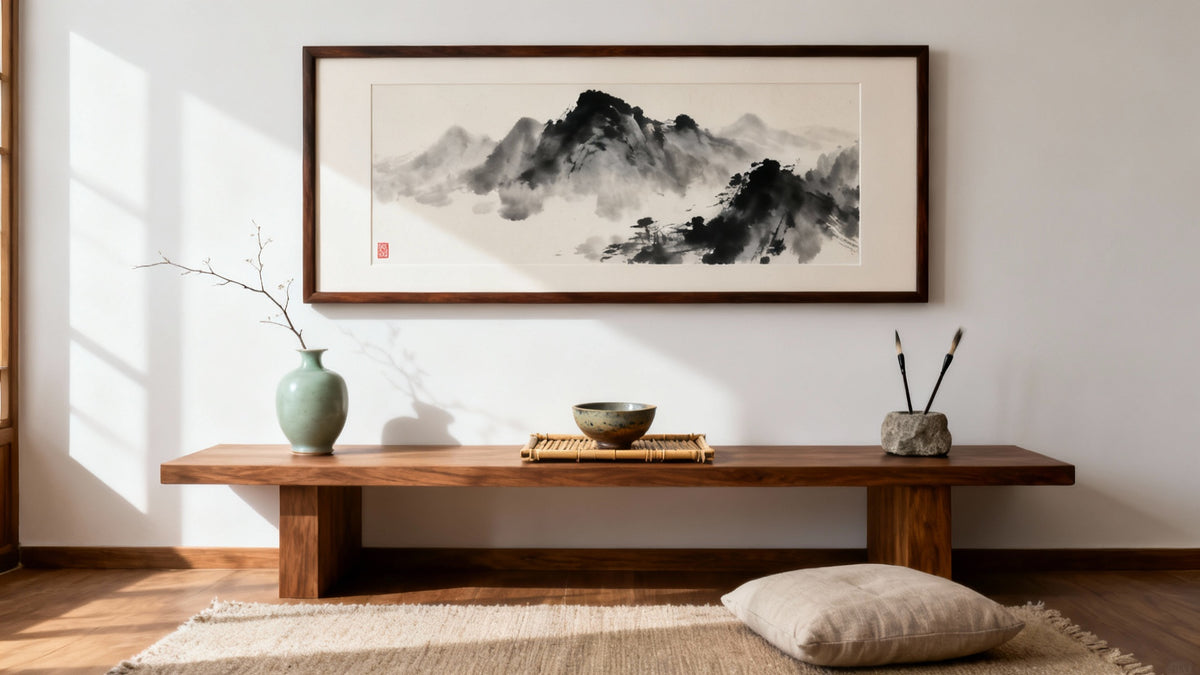 Framed wall art mockup showcasing the enduring beauty of oriental art in a stylish interior setting.