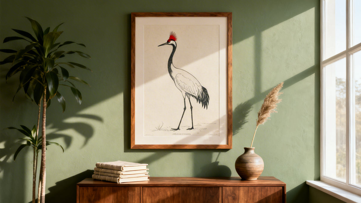 Framed wall art mockup featuring elegant sandhill crane gifts for bird lovers.