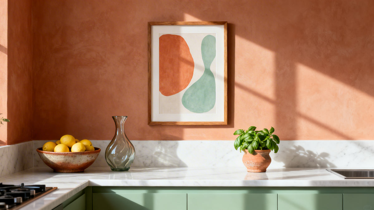 Framed wall art mockup enhancing a kitchen's aesthetic, showcasing artwork in kitchens for added personality.