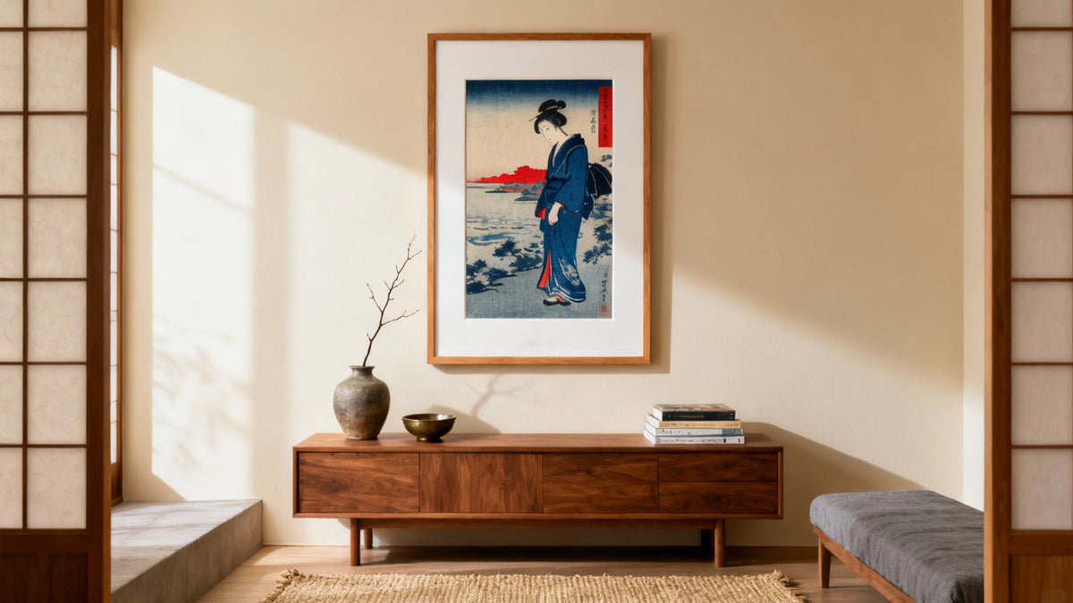 Framed wall art mockup featuring a stunning woodblock print from Japan, showcasing its timeless beauty and cultural signif...