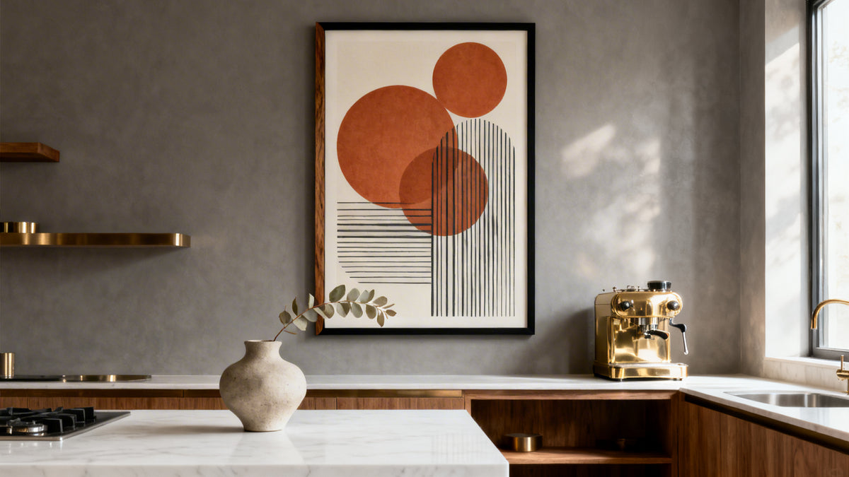 Framed wall art mockup showcasing modern trendy kitchen wall decor for stylish culinary spaces.