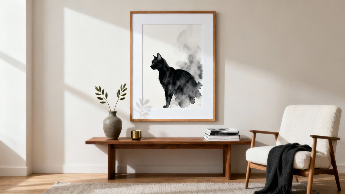 Framed wall art mockup featuring a unique black cat painting, perfect for creative gift ideas.