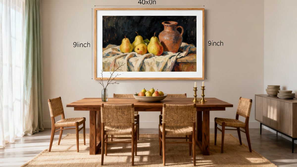 Framed wall art mockup showcasing large artwork for dining room, enhancing style and ambiance.