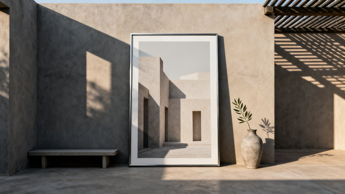 Framed wall art mockup showcasing outdoor poster size options for weather-resistant displays.
