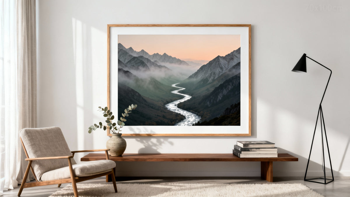 Framed landscape print mockup showcasing vibrant wall decor for stunning interior design.