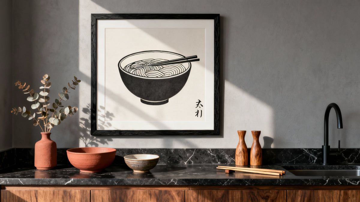 Framed ramen poster wall art in a modern kitchen setting, adding a stylish touch to home decor.