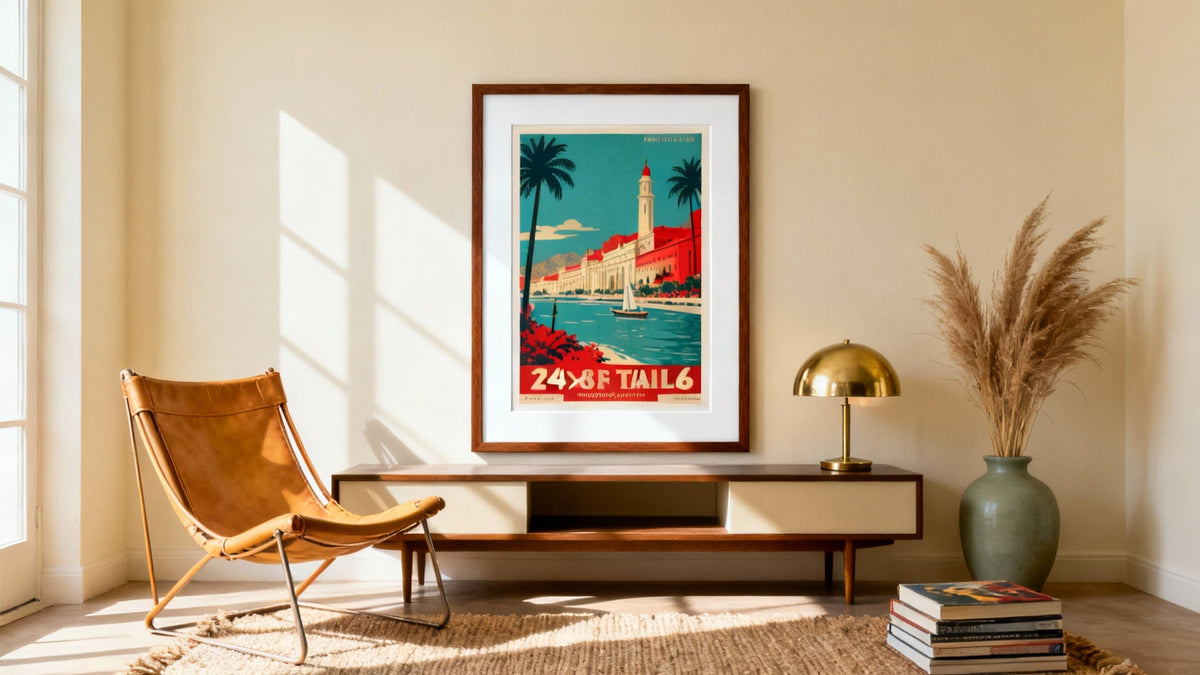 Framed vintage art print poster mockup enhancing room decor with timeless style.