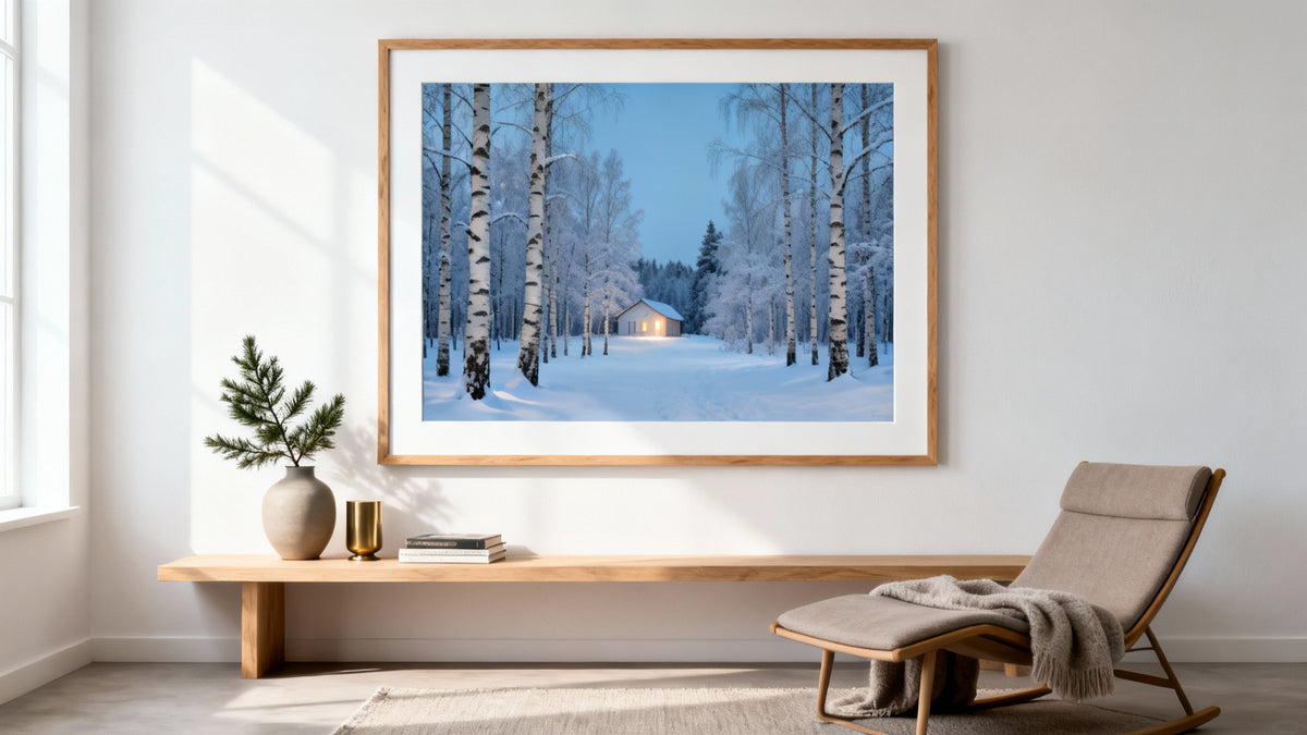Framed winter scene prints mockup showcasing elegant wall art for home decor.