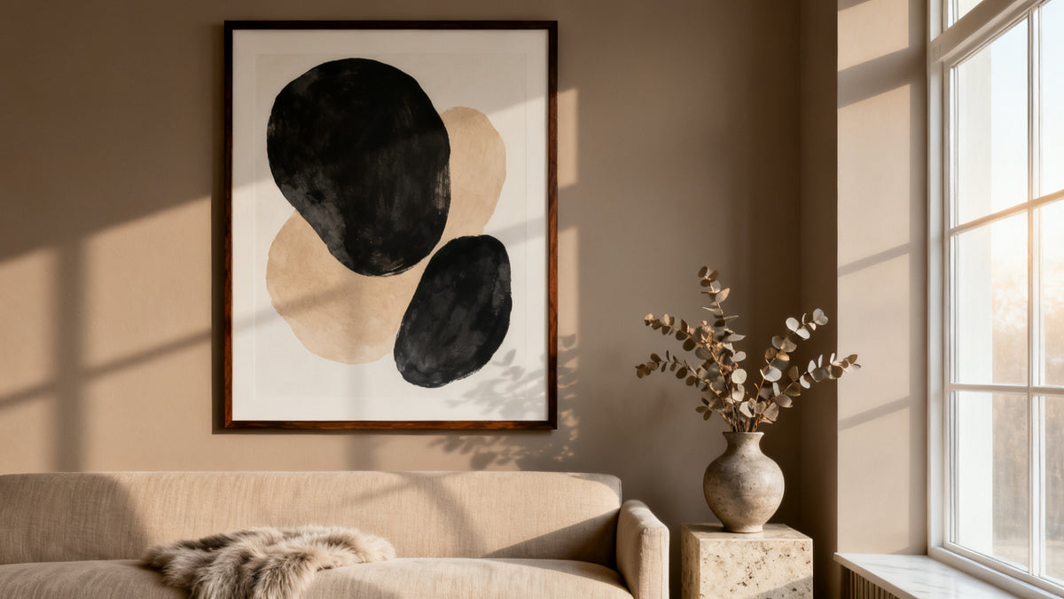 Framed wall art mockup showcasing stylish posters for house decor in a modern living room setting.