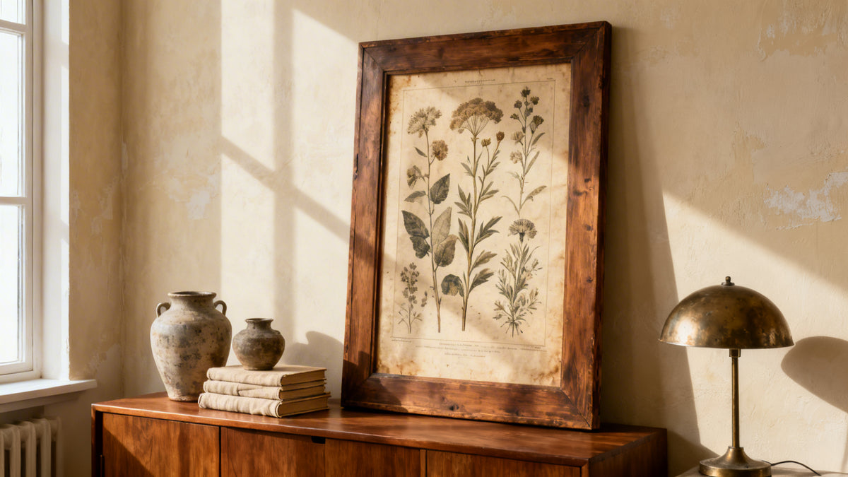 Framed vintage wall art decor mockup enhancing home interiors with timeless character.