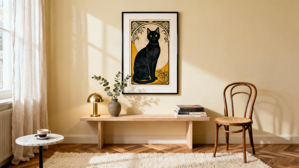 Framed black cat poster mockup, perfect for enhancing your wall art collection with unique inspiration.