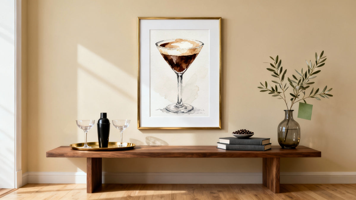 Framed espresso martini watercolor art print, perfect for cocktail lovers' home decor.
