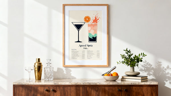Framed cocktails art print mockup showcasing vibrant colors to elevate your space.