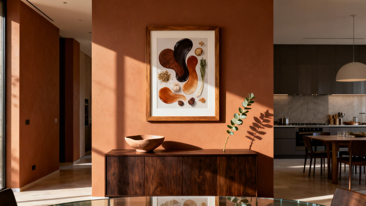 Framed mockup of modern abstract food art, showcasing vibrant culinary-inspired designs for stylish wall decor.