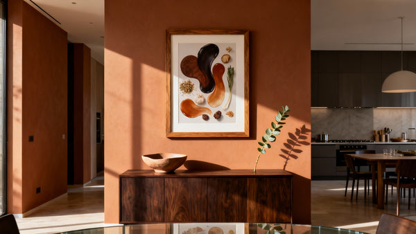 Framed mockup of modern abstract food art, showcasing vibrant culinary-inspired designs for stylish wall decor.