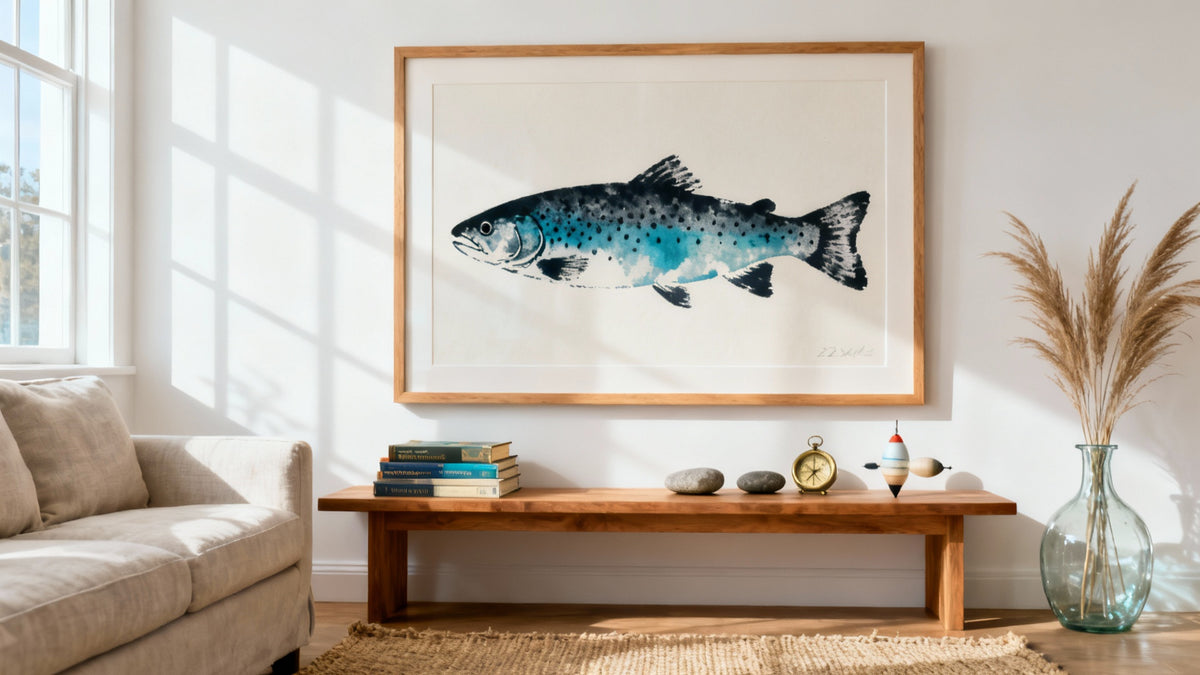 Framed fish print artwork mockup for home, cabin, or office decor inspiration.
