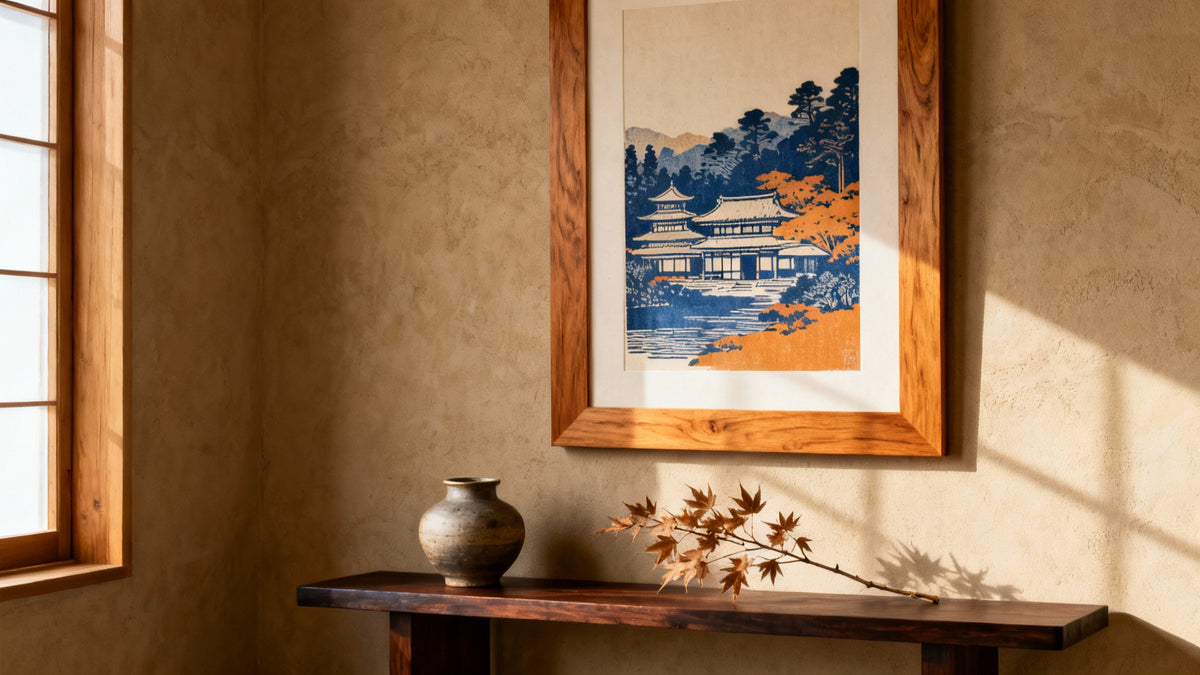 Framed wall art mockup featuring traditional Japanese wood blocks for authentic printmaking.