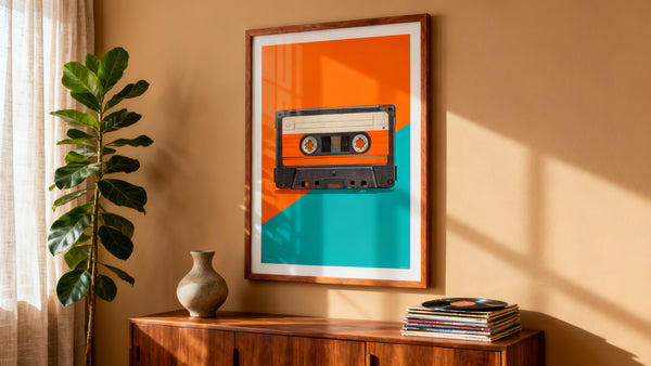 Framed cassette poster mockup showcasing retro wall art for modern spaces.