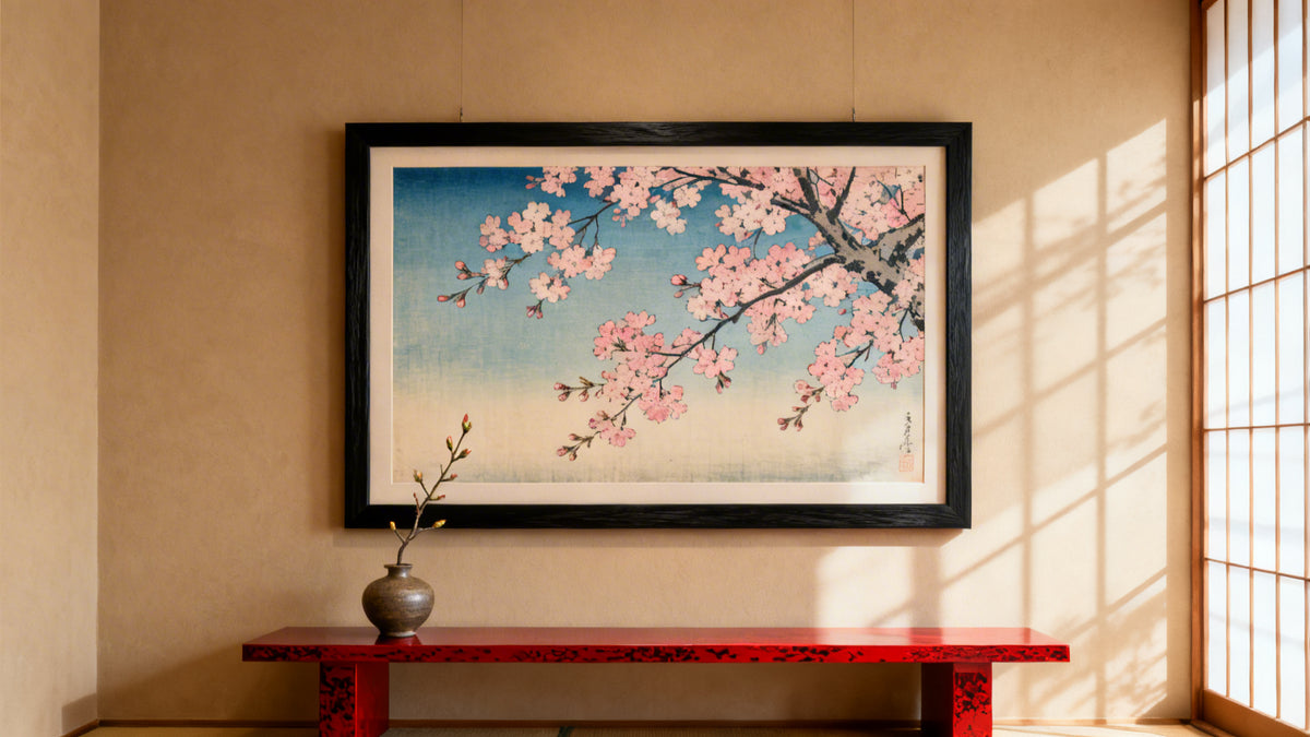 Framed mockup of Ukiyo-e cherry blossom woodblock print art, showcasing Japan's iconic artistic heritage.
