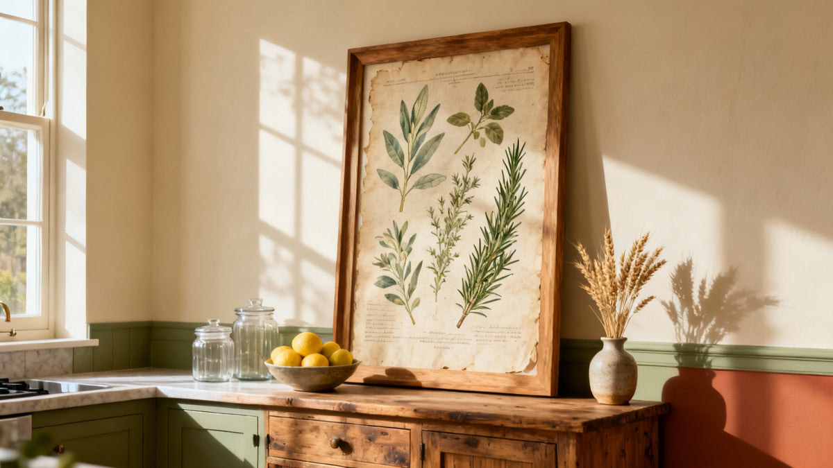 Framed vintage kitchen wall decor mockup showcasing timeless charm and style for your home.