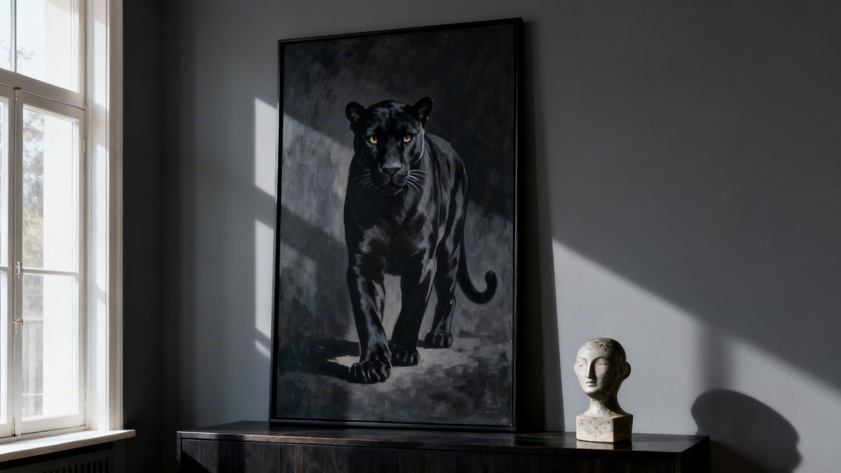 Framed wall art mockup featuring a striking Black Panther print, perfect for collectors and art enthusiasts.
