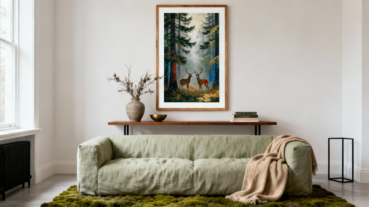 Framed woodland wall art mockup showcasing nature's beauty for home decor inspiration.