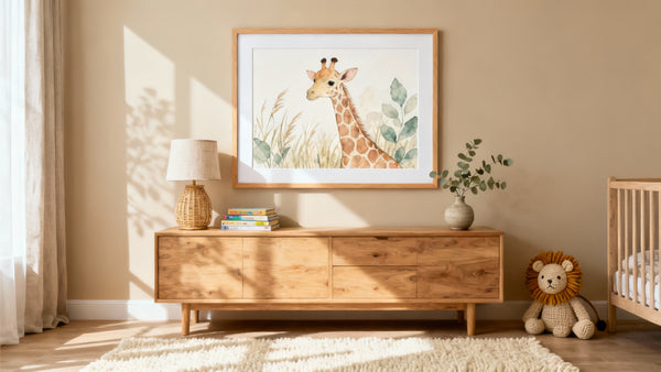 Framed safari wall art mockup for nursery, featuring playful animals and vibrant colors to enchant your little one.