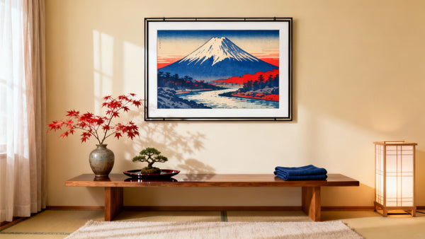 Framed mockup of retro Japanese art showcasing vibrant prints and timeless style.