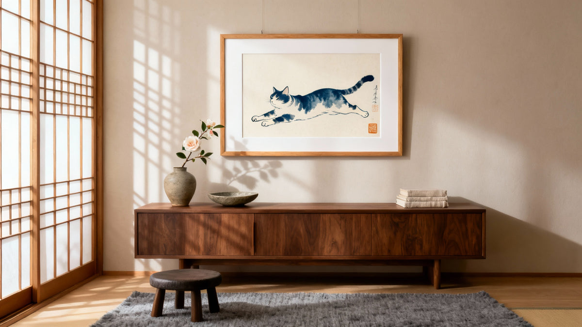 Framed wall art mockup showcasing elegant Japanese cat art, blending tradition and feline beauty.