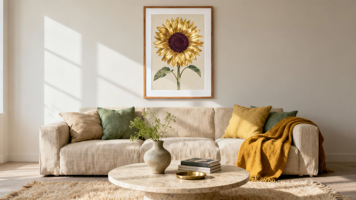 Framed wall art featuring vibrant sunflowers, adding radiant beauty to any home decor.