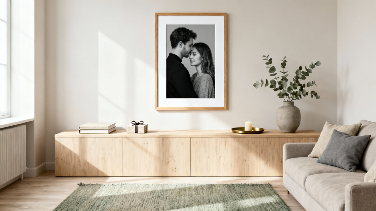 Framed wall art mockup showcasing a personalized picture gift for unique custom photo presents.