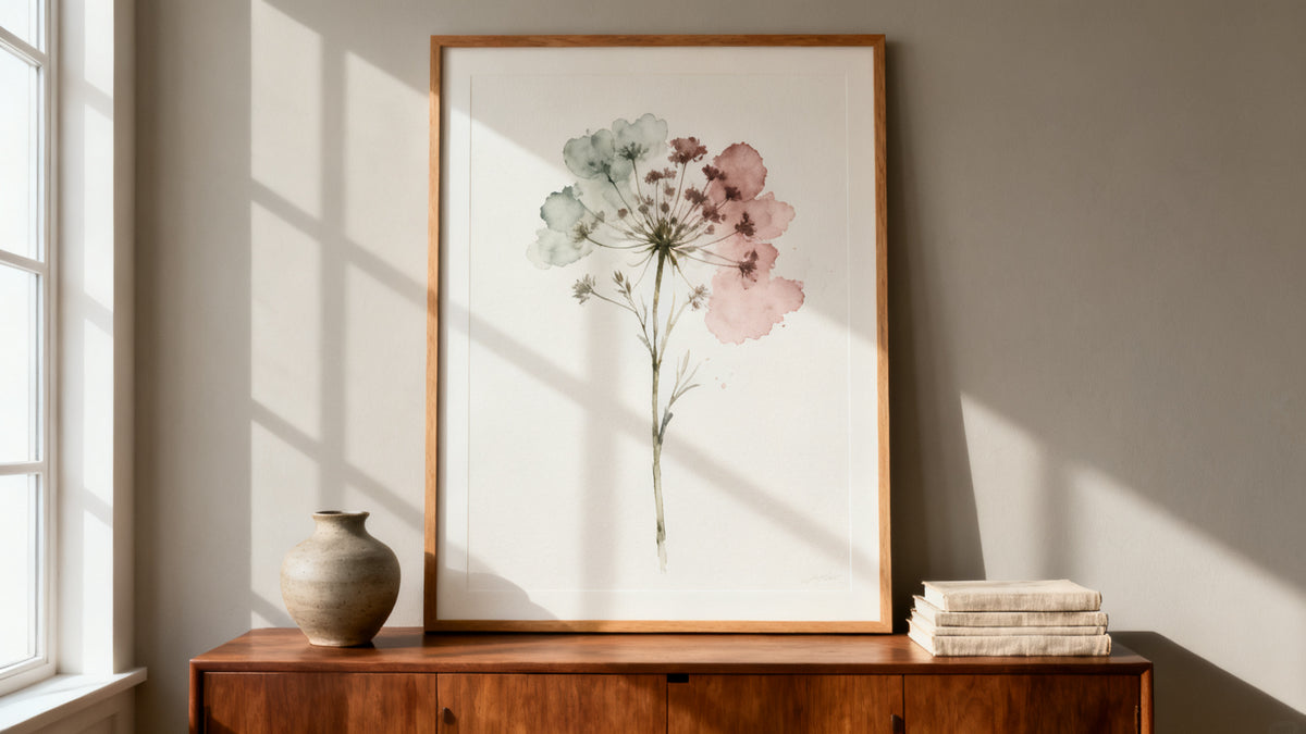 Framed floral wall painting mockup enhancing interior decor with vibrant botanical art.