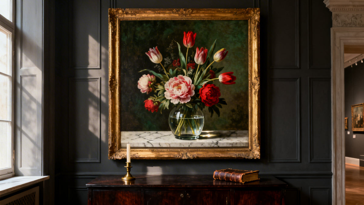 Framed wall art mockup of a vibrant still life with flowers, showcasing timeless beauty and artistic expression.