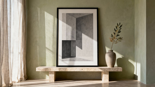 Framed wall art mockup showcasing various print sizes for art selection.