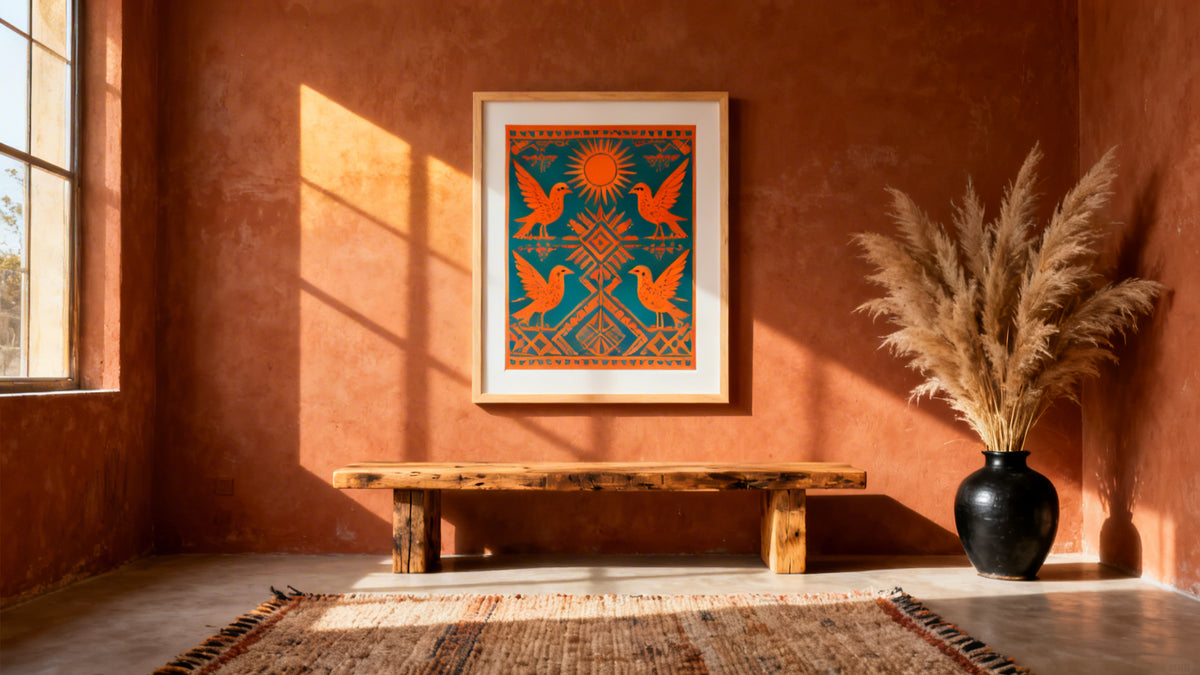 Framed wall art mockup showcasing vibrant pieces by Mexican folk artists, blending traditional and contemporary artesanía.