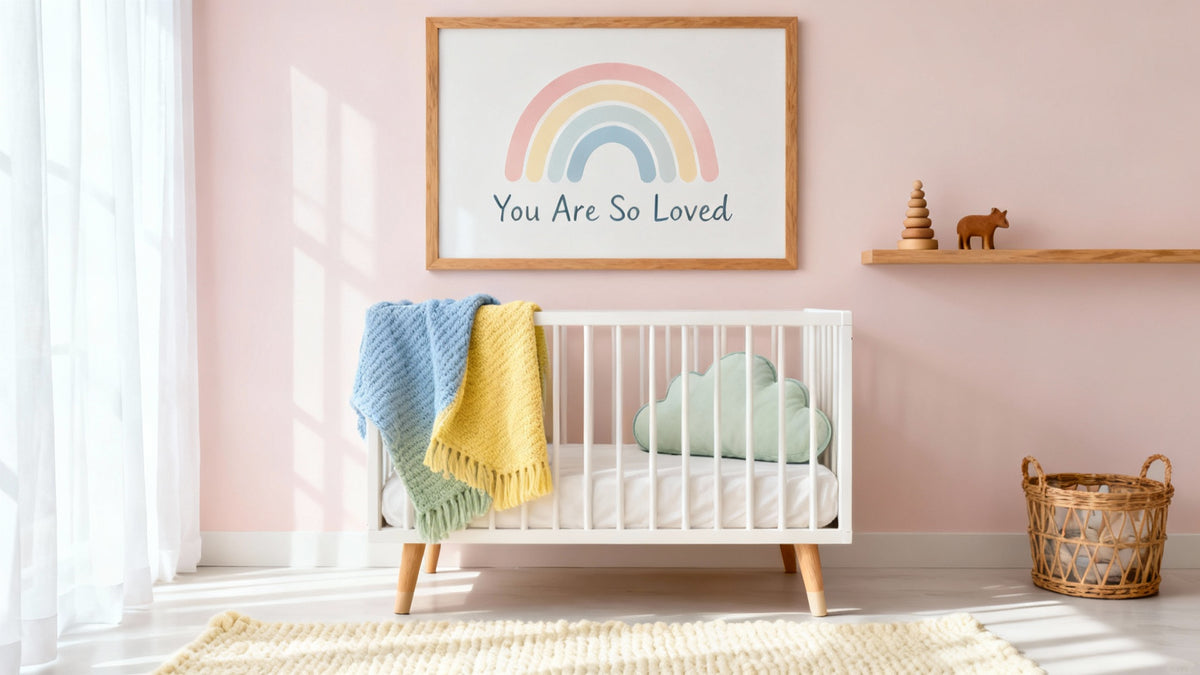 Framed nursery poster art mockup, perfect for creating a cozy, joyful space for your little one.