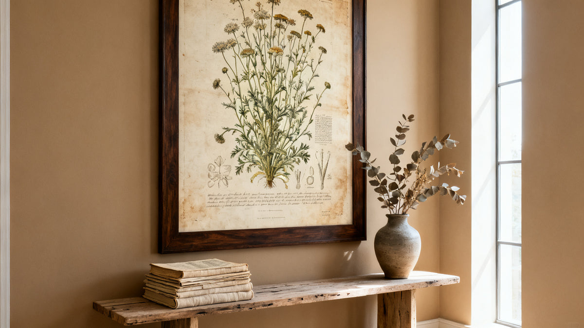 Framed antique botanical poster mockup showcasing vintage plant illustrations for collectors and enthusiasts.