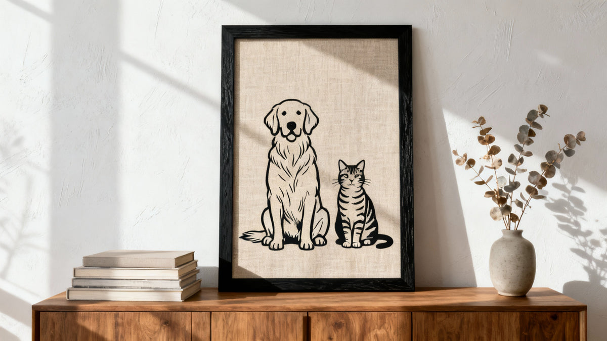 Framed dog cat poster mockup showcasing stylish dual-pet wall art for pet lovers' decor.