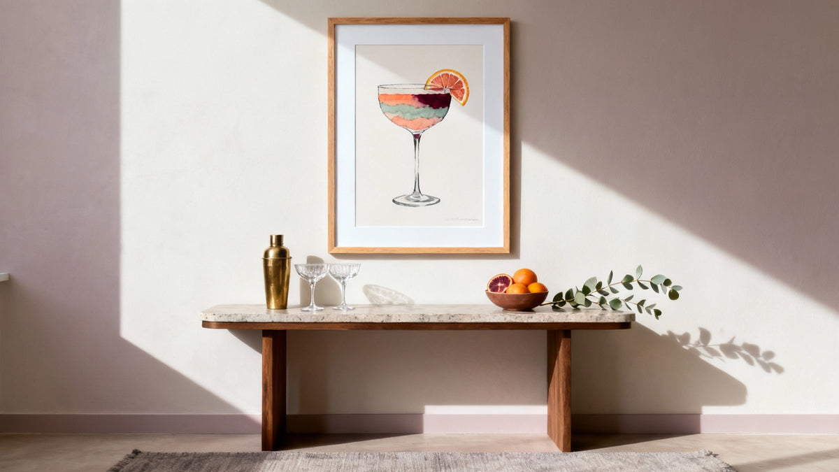 Framed drinks artwork mockup enhancing interior decor with vibrant colors and creative design.
