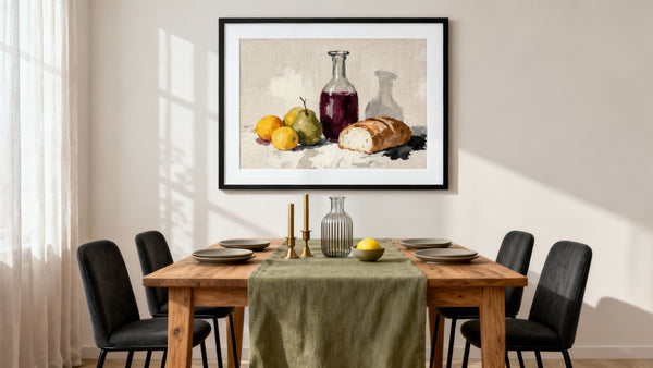Framed wall art mockup enhancing a stylish dining area, perfect artwork for dining area decor.