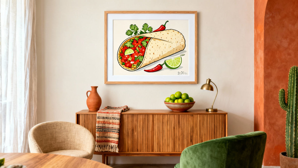 Framed wall art mockup featuring vibrant Mexican food drawings, showcasing creative ideas and artistic inspiration.