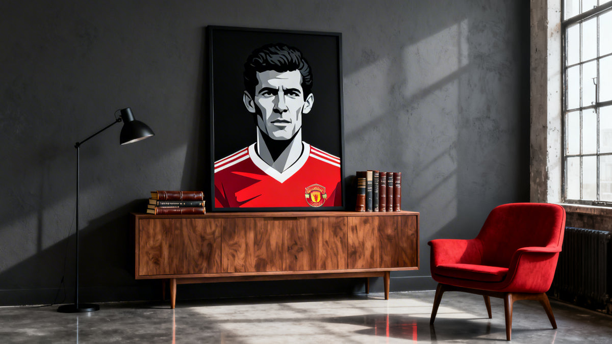 Framed Man United artwork mockup showcasing iconic team colors and logo for fans and collectors.