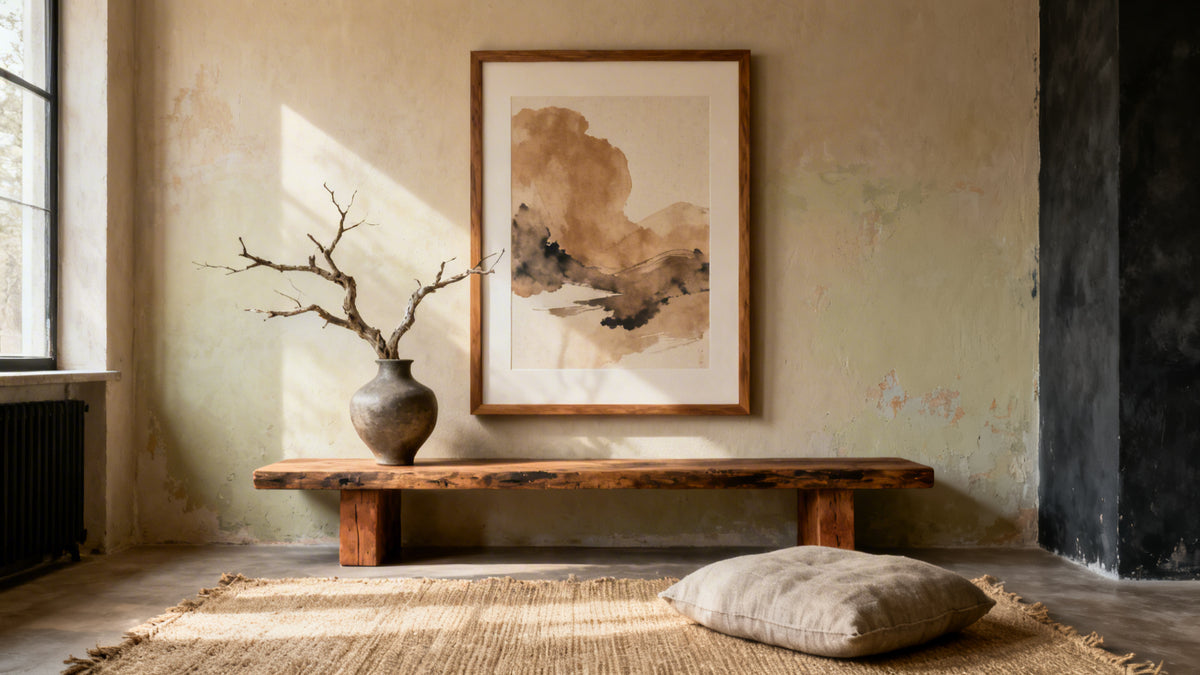 Framed wall art mockup showcasing the wabi-sabi lifestyle, celebrating beauty in imperfection and slow living.